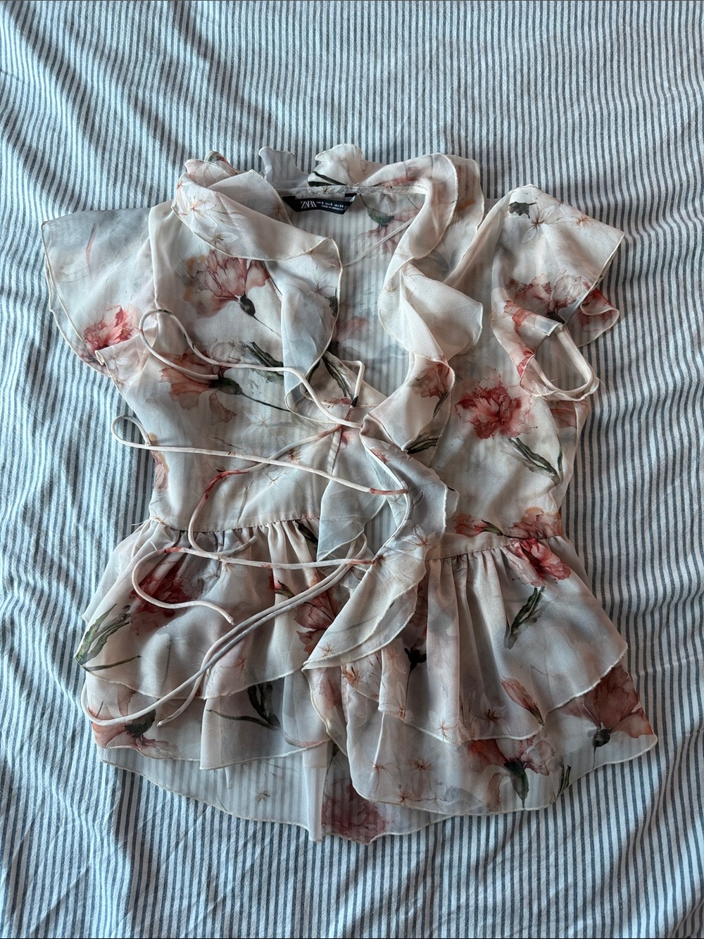 Zara Sheer Floral Ruffle Wrap Blouse - Blush Pink with Green